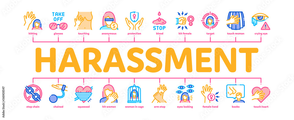 Sexual Harassment Minimal Infographic Web Banner Vector. Victim And Woman Sexual Harassment, Molestation And Assault, Violent And Inappropriate Illustration