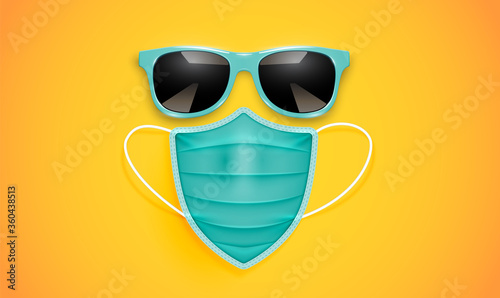 Realistic sunglass and shield-shaped mask on a yellow background, vector illustration