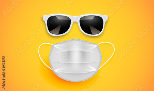 Realistic sunglass and mask on a yellow background, vector illustration