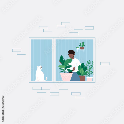 Set of flat illustration of people staying home for the quarantine. Facade of an apartment house, windows and palcony doors
