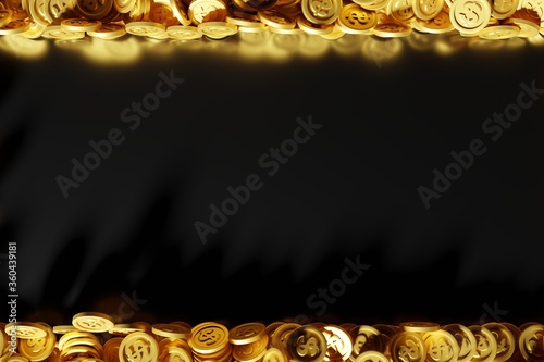Gold coin Square frame On a black shiny floor. 3d Rendering