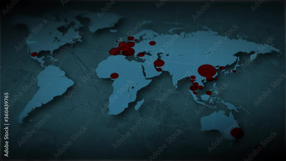 Abstract rendering of flight paths, explaining how the respiratory virus has spread around the world during the Corona, Covid-19 virus pandemic.
Circles showing number of coronavirus cases per country