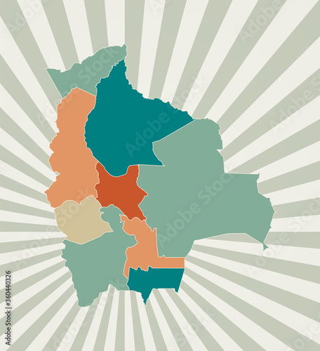 Bolivia map. Poster with map of the country in retro color palette. Shape of Bolivia with sunburst rays background. Vector illustration.