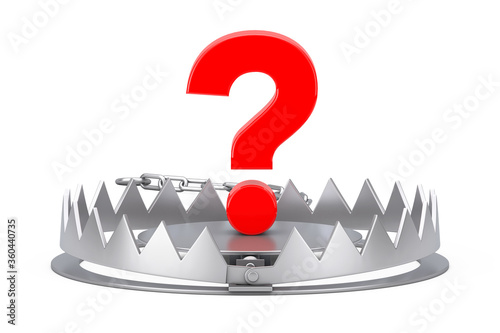 Metal Bear Trap with Red Question Mark. 3d Rendering photo