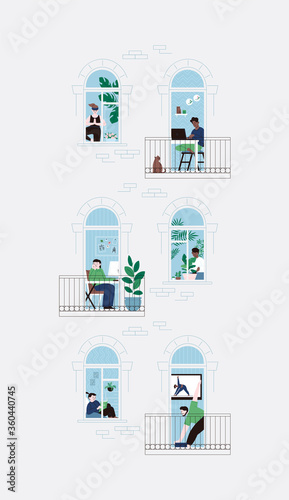 Set of flat illustration of people staying home for the quarantine. Facade of an apartment house, windows and palcony doors