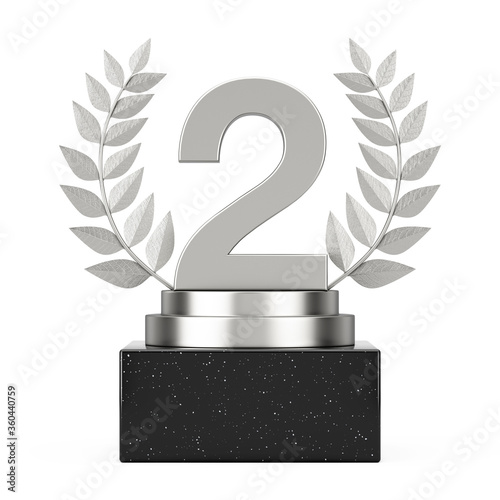 Winner Award Cube Silver Laurel Wreath Podium, Stage or Pedestal with Silver Number Two or Second Place. 3d Rendering