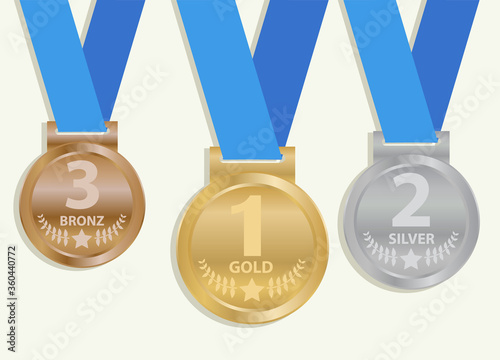 Sports medal. Set of realistic sports medals with blue ribbon isolated on a white background.