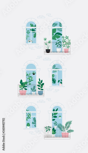 Houseplants on the balcony. Room full of plants, view through the door. Urban jungle concept. Apartment house facade