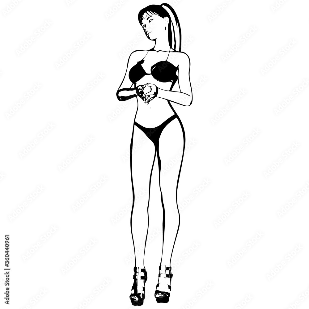 Sexy young girl in a bikini and high-heeled shoes. Woman with beautiful long legs. Isolated vector. Sexy young girl in a bikini and high-heeled shoes. Woman with beautiful long legs. Isolated vector.