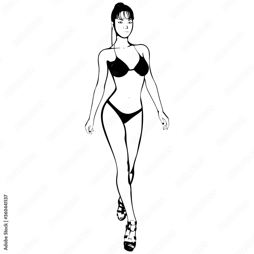 Sexy young girl in a bikini and high-heeled shoes. Woman with beautiful long legs. Isolated vector. Sexy young girl in a bikini and high-heeled shoes. Woman with beautiful long legs. Isolated vector.