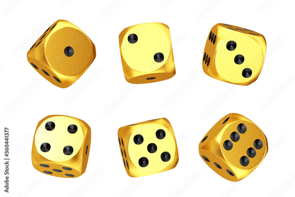 Casino Gambling Concept. Set of Golden Game Dice Cubes in Differetn Positions. 3d Rendering Casino Gambling Concept. Set of Golden Game Dice Cubes in Differetn Positions. 3d Rendering