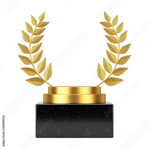 Empty Winner Award Cube Gold Laurel Wreath Podium, Stage or Pedestal with Free Space for Your Design. 3d Rendering