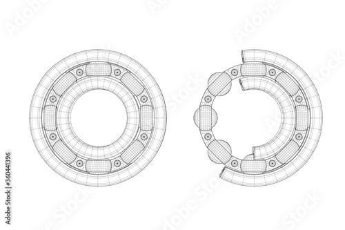 Set of Drawing Lines Ball Bearings with One Cut Outed Where Visible the Inner Parts. 3d Rendering