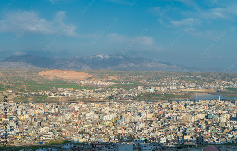 Cizre city view and cudi mountain. night view of the city of cizre. judi mountain. Mountain where Noah's Ark sits. cizre with tigris river