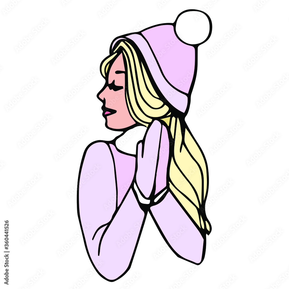 Blonde girl  in hat, sweater and mittens
