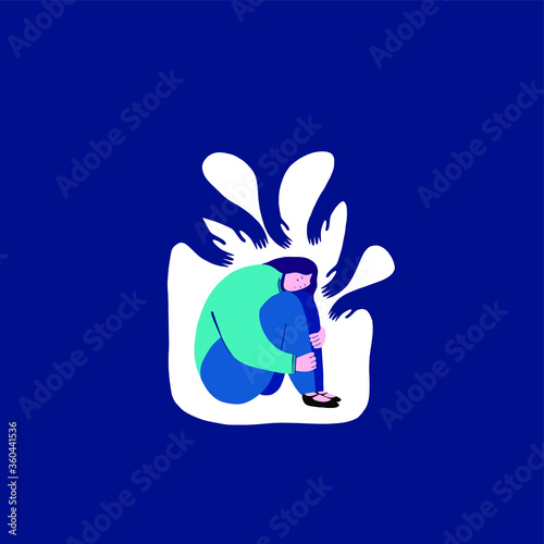 Young female character having a panic attack, a monster imaginary of shadow silhouettes, mental health issues, psychology. Flat vector illustration