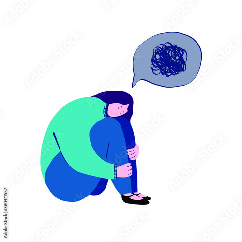 Flat vector illustration of depressed sad girl sitting in a closed pose, hugging her knees. The concept of support and care for people under stress. Psychology, depression, bad mood.
