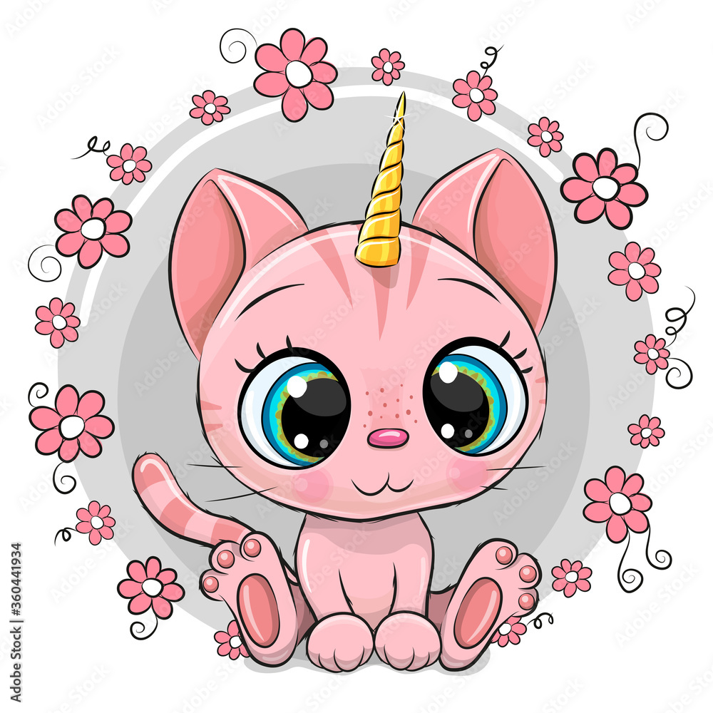 Naklejka premium Kreskówka różowy kotek jednorożec z kwiatami