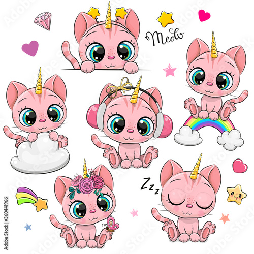 Cartoon Pink Kittens Unicorns isolated on a white background
