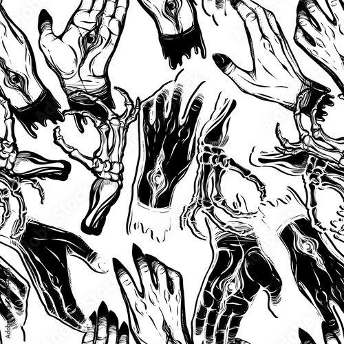 Vector illustration. hands with eyes, mysticism, prints on T-shirts, Handmade,seamless pattern,light background