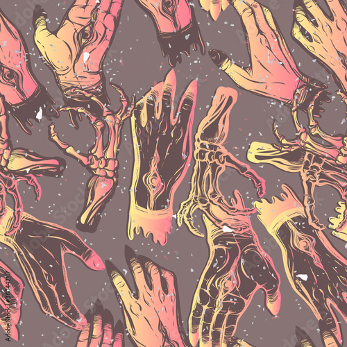 Vector illustration. hands with eyes  mysticism  prints on T-shirts  Handmade seamless pattern dark background  pink yellow color