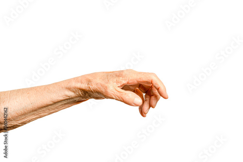 Old lady arm. Hand of elderly women on a white background