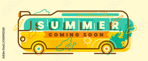 Retro style summer banner design in color with illustrated bus and various abstract elements. Vector illustration.