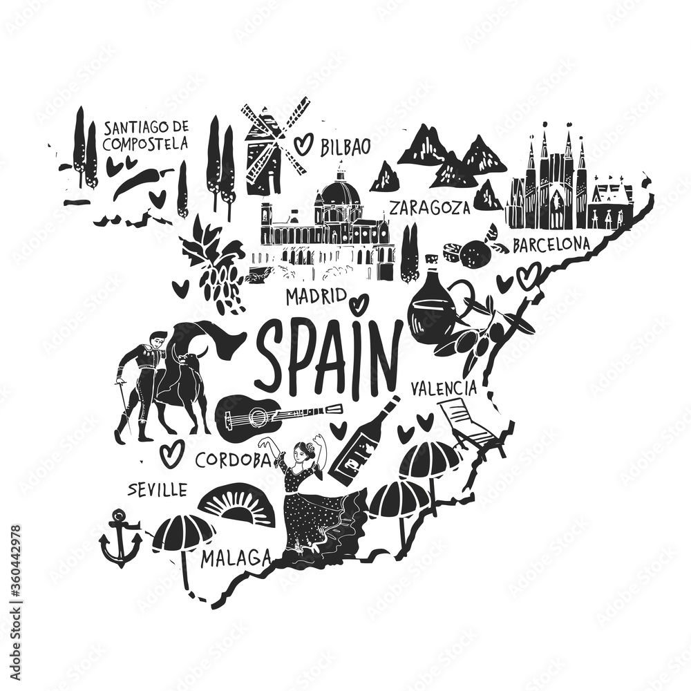 Handdrawn map of Spain black and white on white background with the architecture symbols and lettering hand drawn on white background for tourist guide and posters. Cute cartoon vector illustration