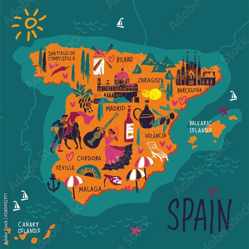 Color decorative stylized tuorist map of Spain. Travel illustration with spanish landmarks, people, food and plants for tourist guide and poster drawn by hand. Cartoon cute Vector illustration