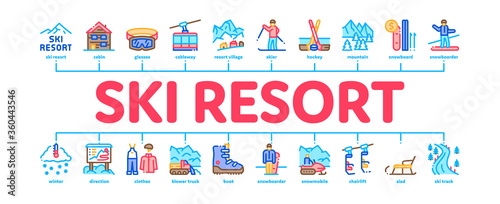 Ski Resort Vacation Minimal Infographic Web Banner Vector. Ski Snow Track And Shoe, Protective Glasses And Sled, Chairlift Cableway And Cabin Illustration