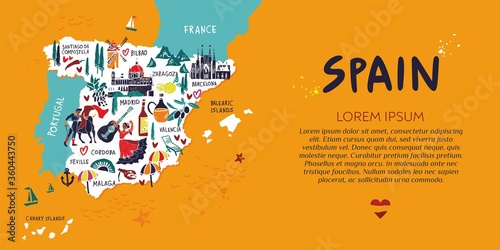 Landing page template of a travel site about trip to Spain. Decorative tourist map of country with sights, architecture, city names. Symbols for tourist guides, souvenirs, promos. Vector illustration