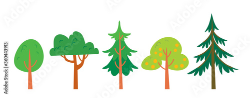 Child like drawn book illusration. Vector set of forest  pond  weather elements  various trees.
