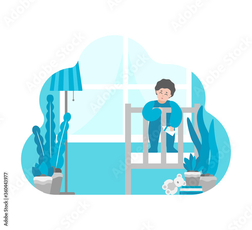 Vector flat illustration with simplified cartoon character of little baby. Happy child stays with milk bottle in crib in the morning. Concept with copy space for text about childhood, maternity