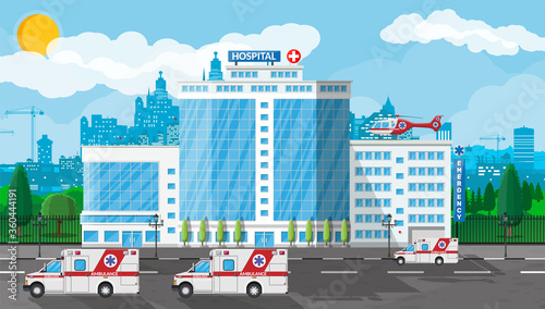 Hospital building, medical icon. Healthcare, hospital and medical diagnostics. Urgency and emergency services. Road, sky, tree. Car and helicopter. Vector illustration in flat style
