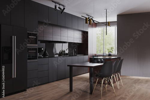 Modern dark kitchen and dinning room interior with furniture and kitchenware  grey  black and dark wood kitchen interior background  luxury kitchen  3d rendering