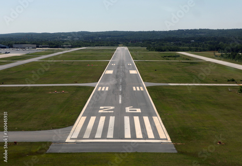 Runway approach at a small rural airport in the eastern United States.