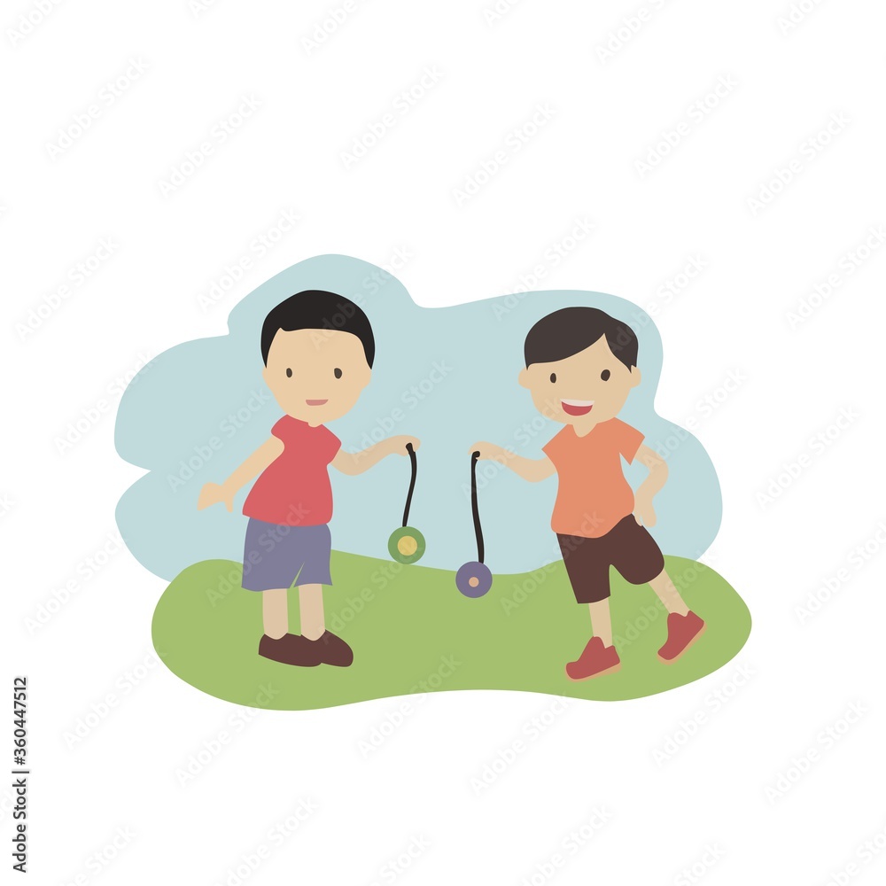 vector illustration of two men playing yoyo in a park, white background