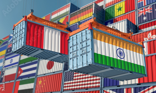 Freight containers with Peru and India flag. 3D Rendering 