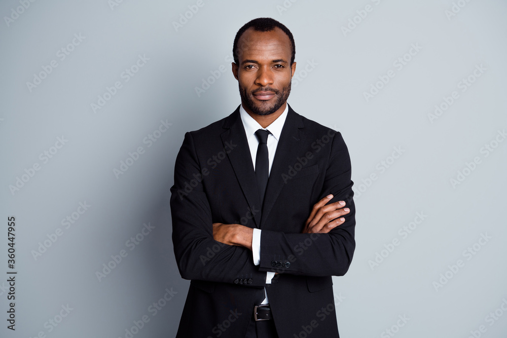 Portrait of his he nice attractive imposing classy chic content guy director employer wearing suit folded arms career white collar isolated over grey pastel color background Portrait of his he nice attractive imposing classy chic content guy director employer wearing suit folded arms career white collar isolated over grey pastel color background
