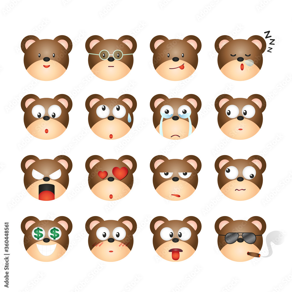 Collection of bear face expression emotion emoticon, Bear face character collection on white background, Set of emoji characters, Vector illustration.