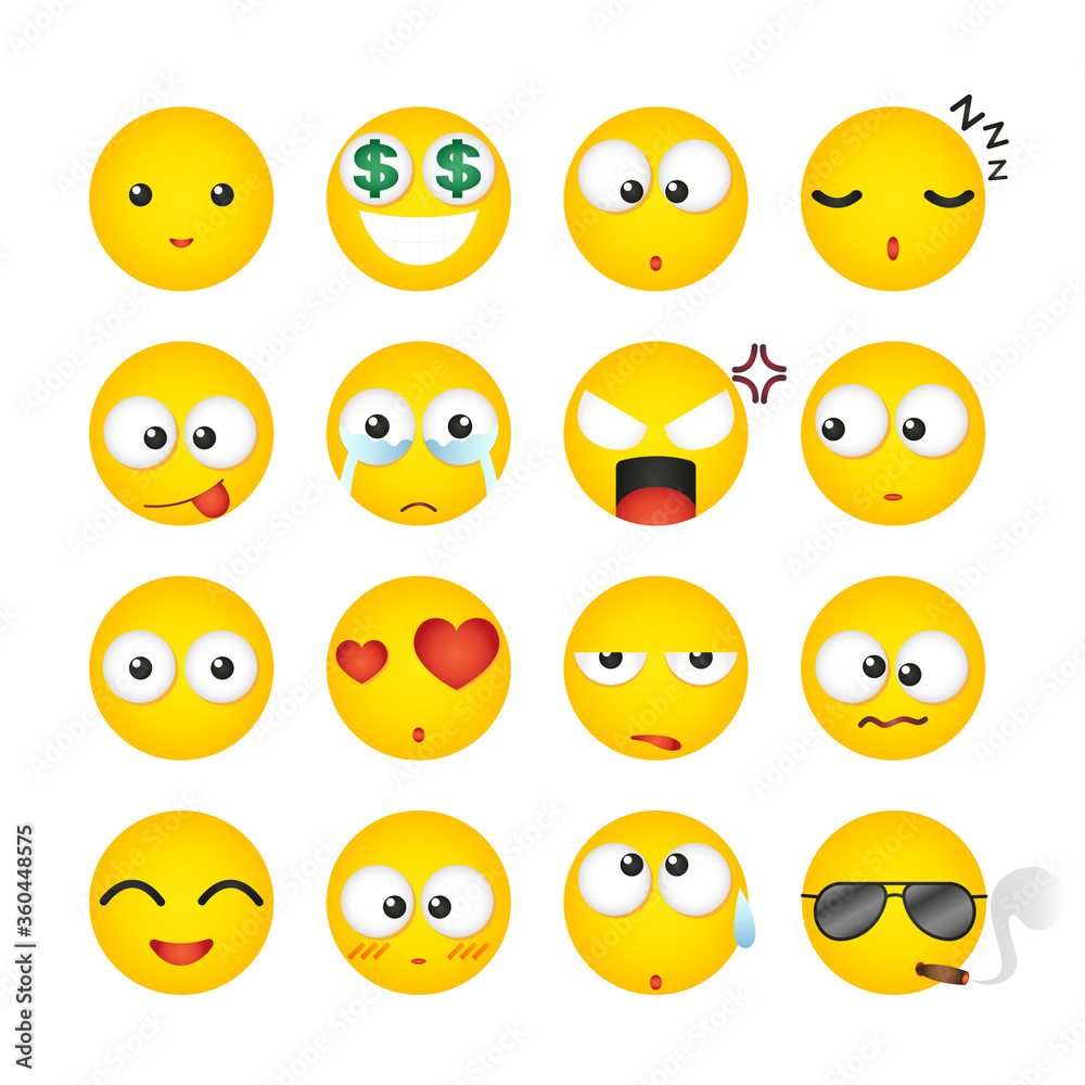 Yellow face emoji collection on white background, Set of smiley emoji characters, Emoticon, Emotion set, Icon, Expression, Vector illustration.