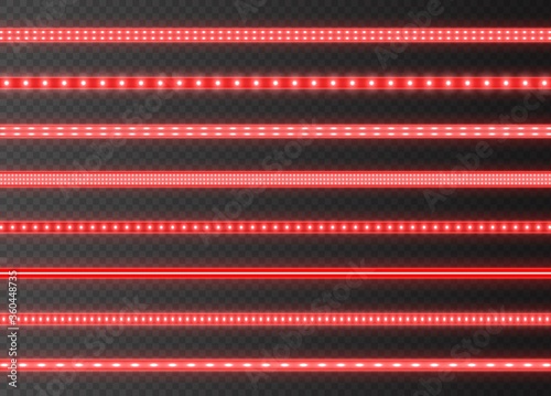 Red LED strips collection, bright luminous ribbons isolated on a transparent background. Realistic neon lights, illuminated decoration tapes set. Vector illustration.