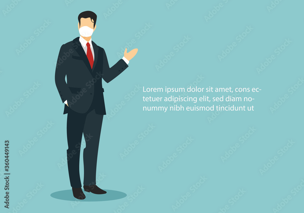 businessman invites to enter with medical mask. Safe zone.
businessman invites to enter with medical mask. Safe zone.