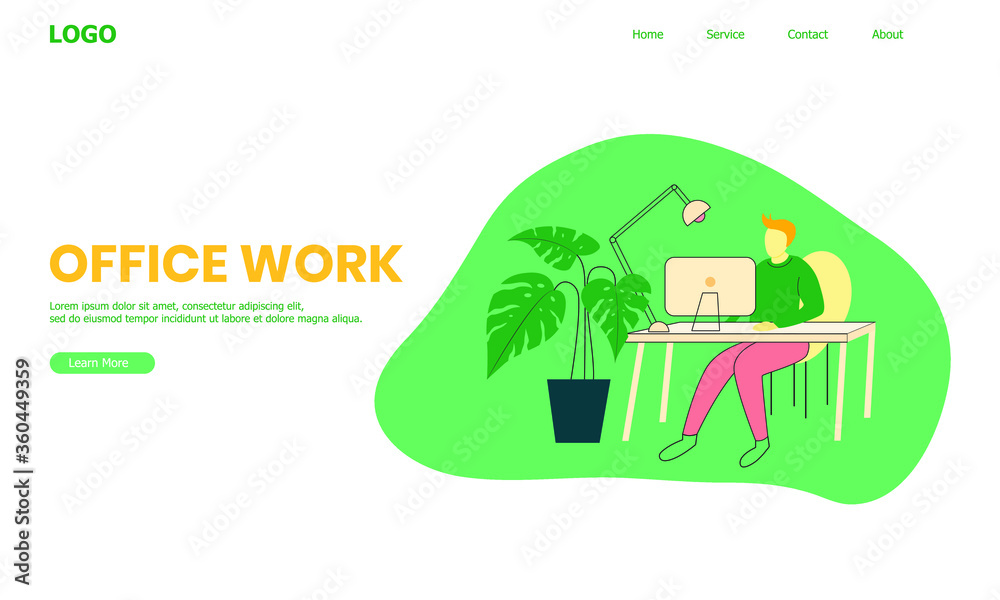 Fototapeta premium Office Work's Website With Illustration Of Men Working In Desk At Workspace 