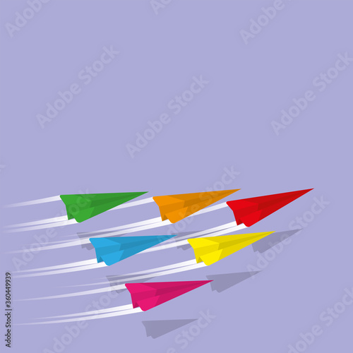 Group of simple paper planes flying together (diversity concept)