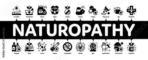 Traditional Naturopathy Medicine Minimal Infographic Web Banner Vector. Naturopathy Alternative Therapy With Honey And Herb, Music And Mushrooms Illustration
