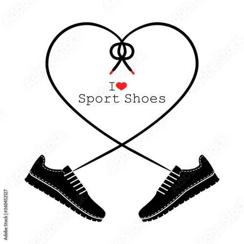 A pair of sneakers and a heart shaped shoelaces. A pair of gym shoes with long laces. I love sport shoes. Isolated vector illustration on white background. 