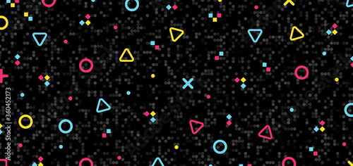 Abstract colorful geometric hipster pattern elements on black mosaic background and texture retro 80's.