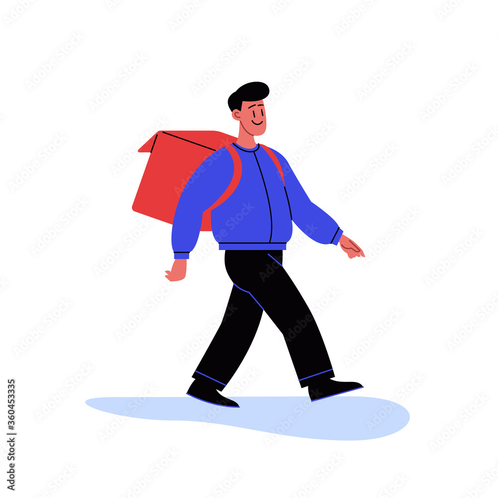 Fototapeta premium Flat illustration of a food delivery person walking with thermobags