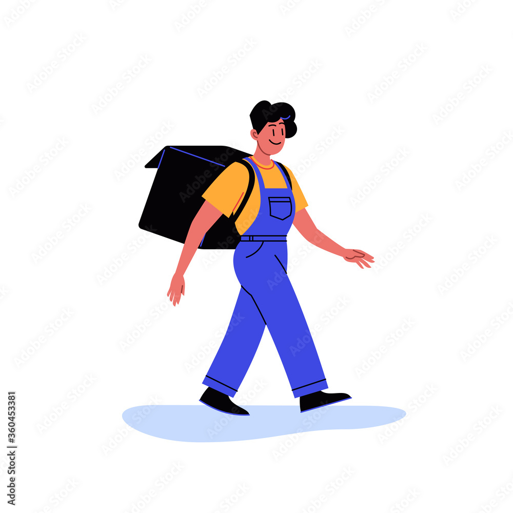 Flat illustration of a food delivery person walking with thermobags